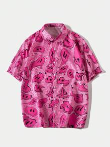 ROMWE MEN Street Life Men Allover Print Button Up Y2k Shirt - Pink - View 1
