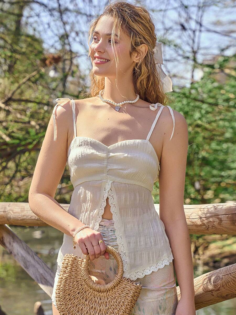 SHEIN Contrast Lace Split Hem Cami Top - Beige - View 1