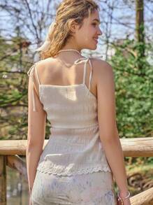 SHEIN Contrast Lace Split Hem Cami Top - Beige - View 2