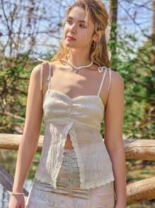 SHEIN Contrast Lace Split Hem Cami Top - Beige - View 5