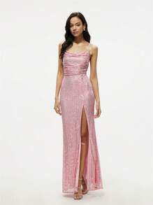 Split Thigh Sequin Cami Dress - Baby Pink - View 1