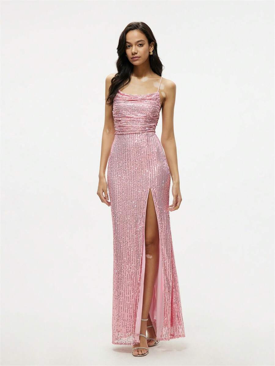 Split Thigh Sequin Cami Dress - Baby Pink - View 1