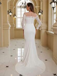 Contrast Lace Mermaid Hem Formal Dress, Wedding Dress - White - View 2