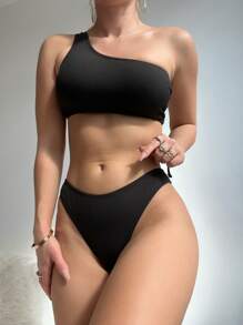 素色羅紋繫帶比基尼泳裝 - 黑色 - 查看 2