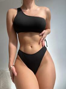 素色羅紋繫帶比基尼泳裝 - 黑色 - 查看 3