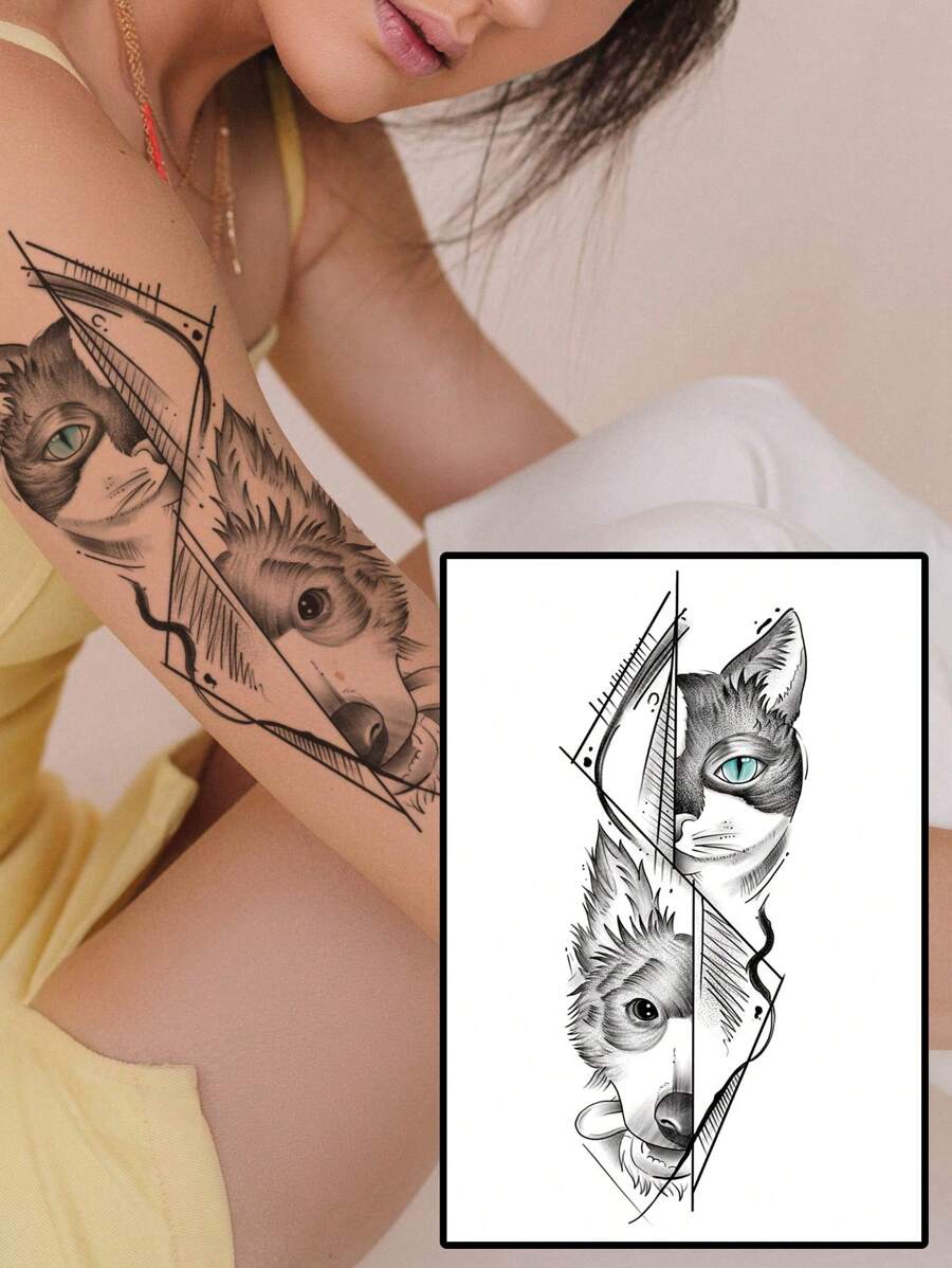 1 hoja Pegatina tatuaje gato & perro con estampado de cabeza - Negro - Ver 1