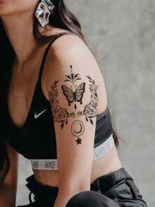 1pc Black Crescent Moon & Butterfly Flower Pattern Large Arm/Body Temporary Tattoo Sticker - Black - View 3