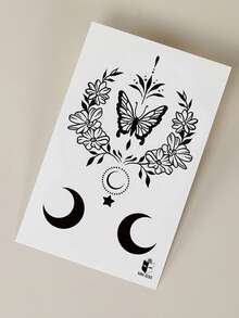 1pc Black Crescent Moon & Butterfly Flower Pattern Large Arm/Body Temporary Tattoo Sticker - Black - View 4
