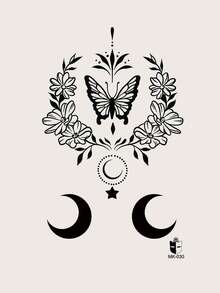 1pc Black Crescent Moon & Butterfly Flower Pattern Large Arm/Body Temporary Tattoo Sticker - Black - View 5