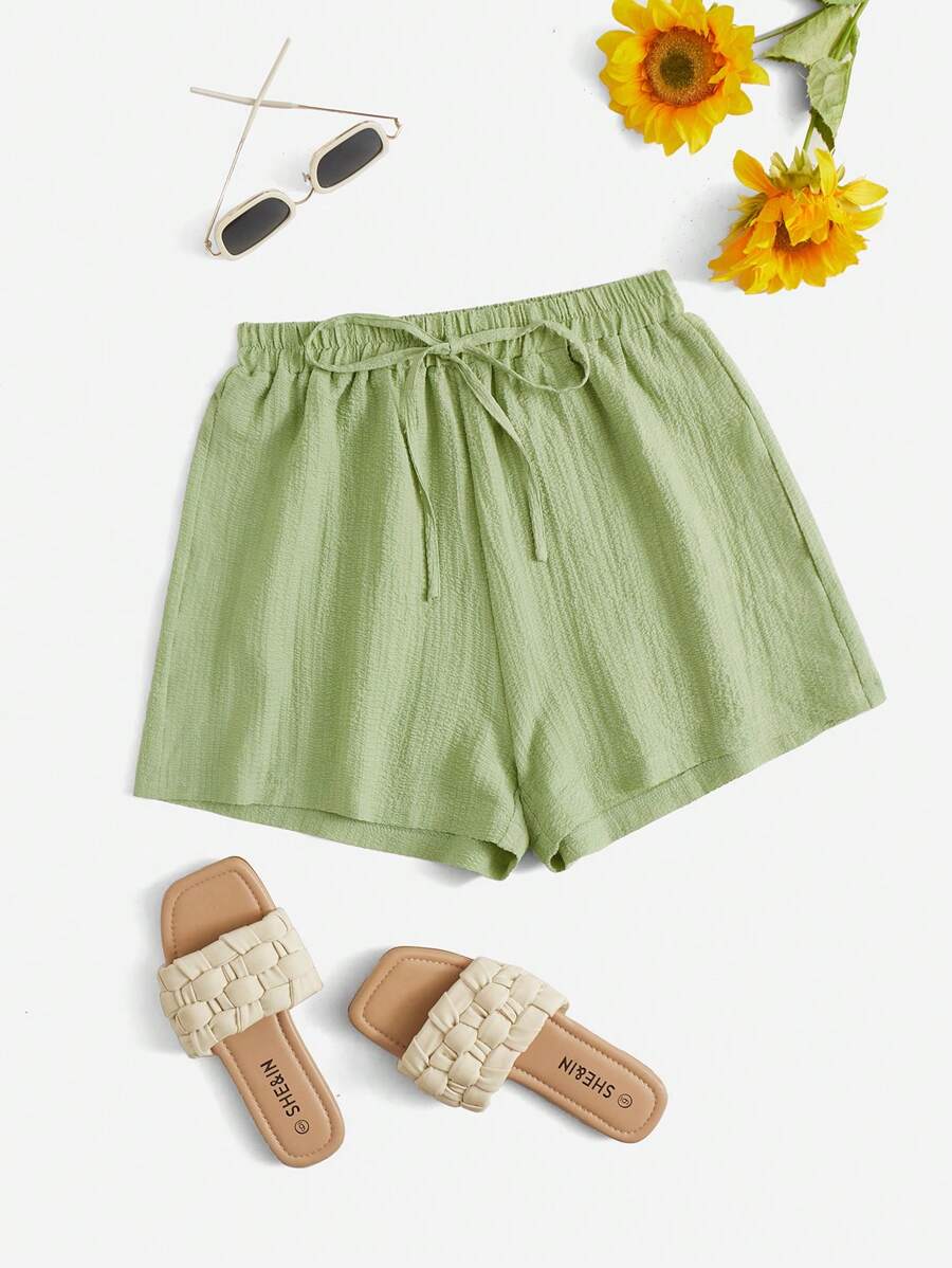 SHEIN VCAY Solid Knot Waist Wide Leg Shorts - Green - View 1