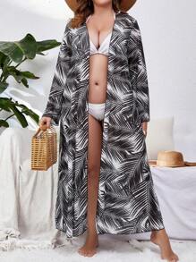 SHEIN Swim Curve 大碼熱帶圖案開門襟和服罩衫 - 黑與白 - 查看 1