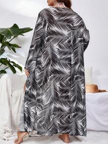SHEIN Swim Curve 大碼熱帶圖案開門襟和服罩衫 - 黑與白 - 查看 2