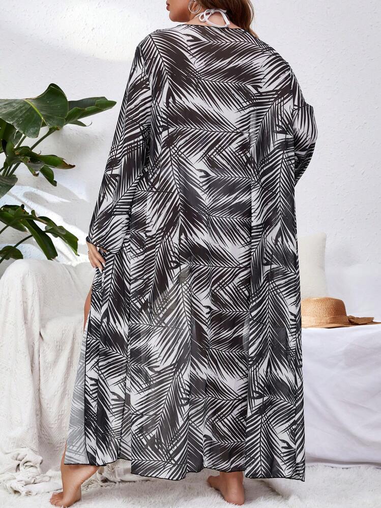 SHEIN Swim Curve Plus Tropical Print Open Front Kimono - Black and White - View 2