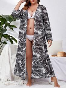 SHEIN Swim Curve 大碼熱帶圖案開門襟和服罩衫 - 黑與白 - 查看 5