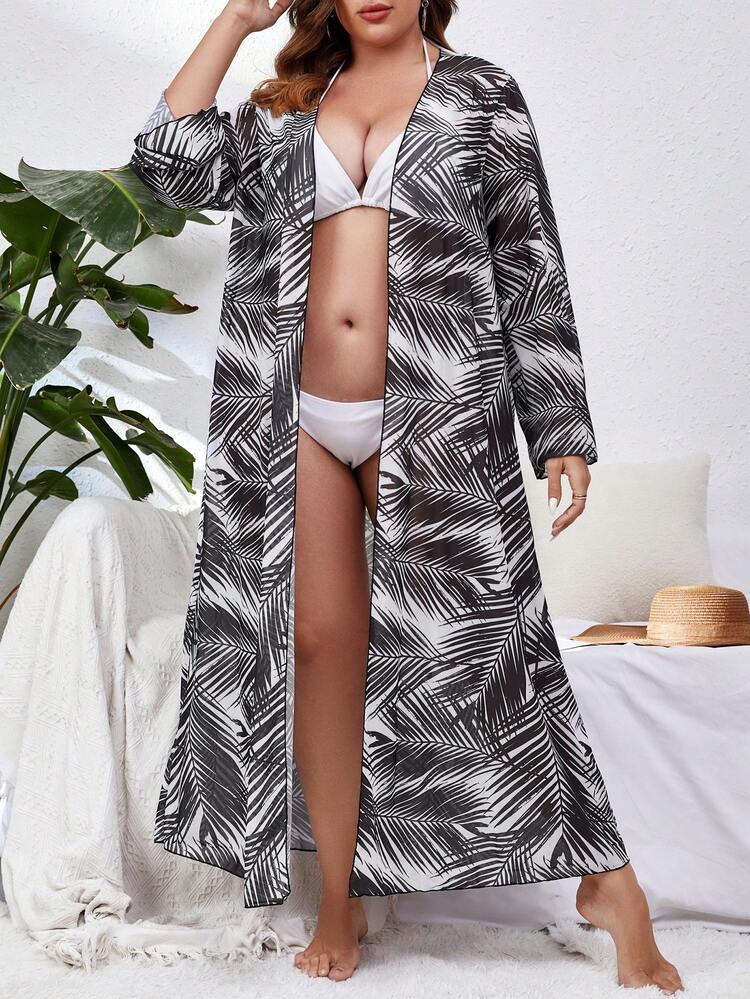 SHEIN Swim Curve Plus Tropical Print Open Front Kimono - Black and White - View 5