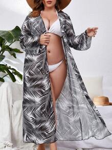 SHEIN Swim Curve 大碼熱帶圖案開門襟和服罩衫 - 黑與白 - 查看 6