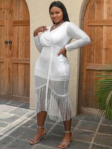 Plus Fringe Trim Wrap Hem Sequin Dress - Silver - View 3