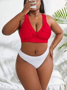 SHEIN Plus Ruffle Trim Crisscross Backless Bikini Top - Red - View 3