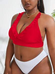 SHEIN Plus Ruffle Trim Crisscross Backless Bikini Top - Red - View 4
