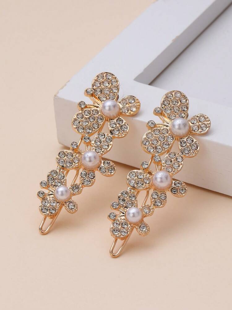 2pcs Women Faux Pearl & Rhinestone Butterfly Decor Glamorous Minimalist Hair Clip For Hair Decoration Elegant Claw Clips Hair Claws Hair Barrettes, Hair Accessories, Head Accessories, Hairpin