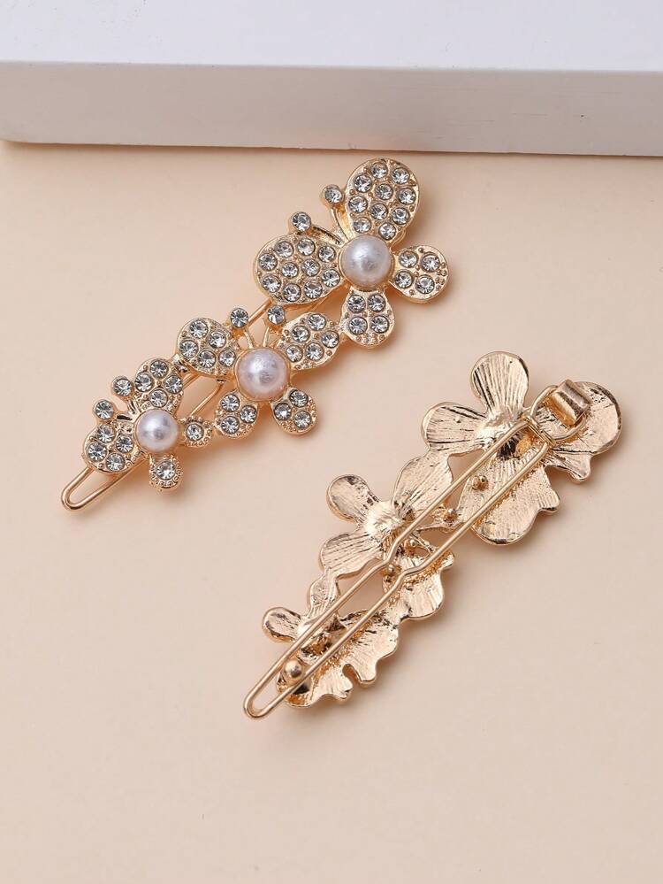 2pcs Women Faux Pearl & Rhinestone Butterfly Decor Glamorous Minimalist Hair Clip For Hair Decoration Elegant Claw Clips Hair Claws Hair Barrettes, Hair Accessories, Head Accessories, Hairpin