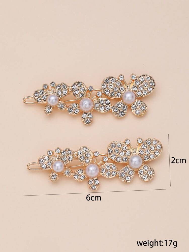 2pcs Women Faux Pearl & Rhinestone Butterfly Decor Glamorous Minimalist Hair Clip For Hair Decoration Elegant Claw Clips Hair Claws Hair Barrettes, Hair Accessories, Head Accessories, Hairpin