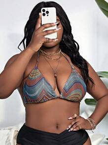 SHEIN Slayr Plus Allover Print Tie Backless Halter Bikini Top - Multicolor - View 1