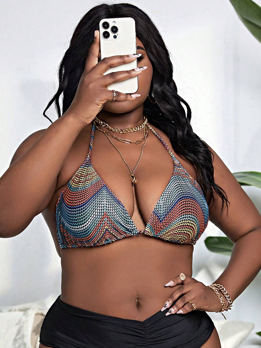 SHEIN Slayr Plus Allover Print Tie Backless Halter Bikini Top - Multicolor - View 1