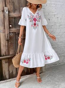 SHEIN VCAY Floral Print Flounce Sleeve Ruffle Hem Smock Dress - White - View 3