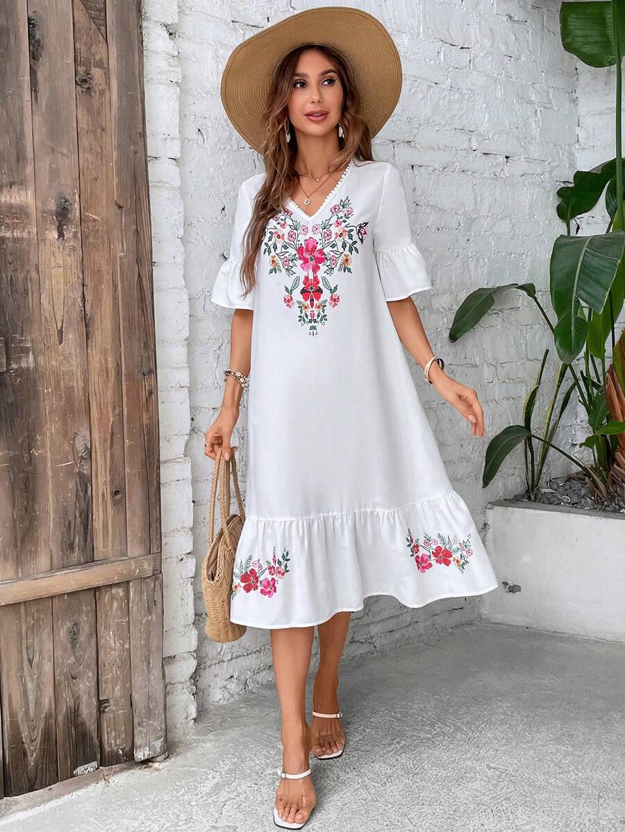 SHEIN VCAY Floral Print Flounce Sleeve Ruffle Hem Smock Dress - White - View 1