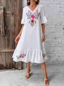 SHEIN VCAY Floral Print Flounce Sleeve Ruffle Hem Smock Dress - White - View 5