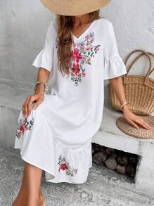 SHEIN VCAY Floral Print Flounce Sleeve Ruffle Hem Smock Dress - White - View 6