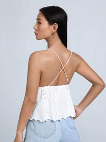 Muchica Áo khoác và áo lót dành cho xe tăng nữ Lộ Lưng Tương phản ren Hội Chữ thập Thắt nút Tranh thêu màu trơn Boho - trắng - Xem 3