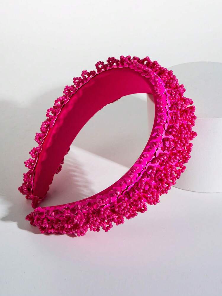 1pc Handmade Sponge Hairband With Rice-shaped Beads Decoration - Hot Pink - View 1