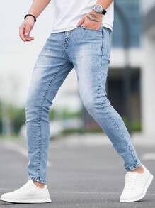 Manfinity Homme Men Slant Pocket Skinny Jeans - Light Wash - View 3