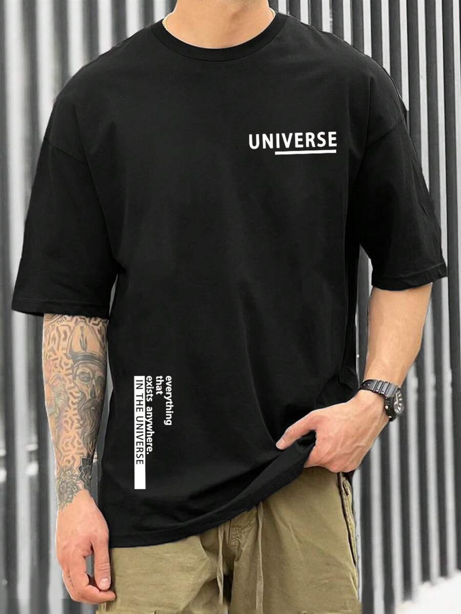 Manfinity Hypemode 男士寬鬆字樣印花下垂短袖t恤 - 黑色 - 查看 1