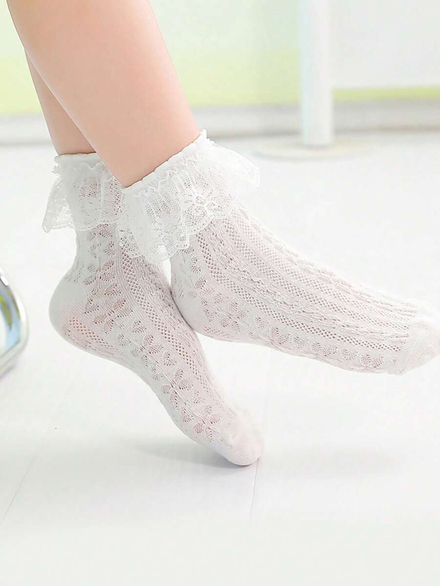 女孩蕾絲裝飾網眼襪 - 白色 - 查看 1