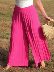 SHEIN VCAY Quần Plus Size Xếp li Dây kéo màu trơn Giải trí - Màu Hồng Tươi - Xem 3