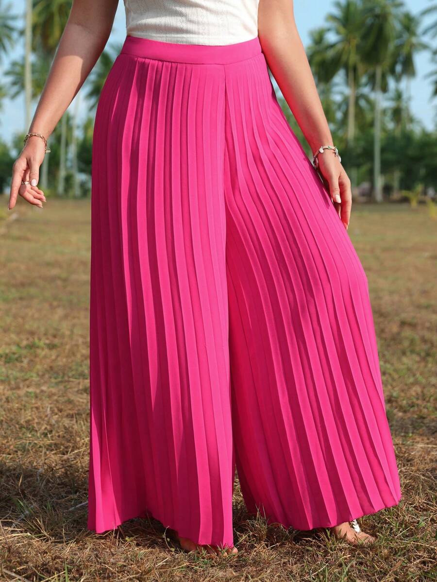 SHEIN VCAY Quần Plus Size Xếp li Dây kéo màu trơn Giải trí - Màu Hồng Tươi - Xem 1