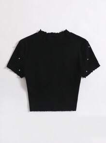 SHEIN EZwear 夏季服装 生菜边珍珠串珠短款 T 恤 - 黑色 - 查看 2