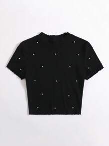 SHEIN EZwear 夏季服装 生菜边珍珠串珠短款 T 恤 - 黑色 - 查看 4