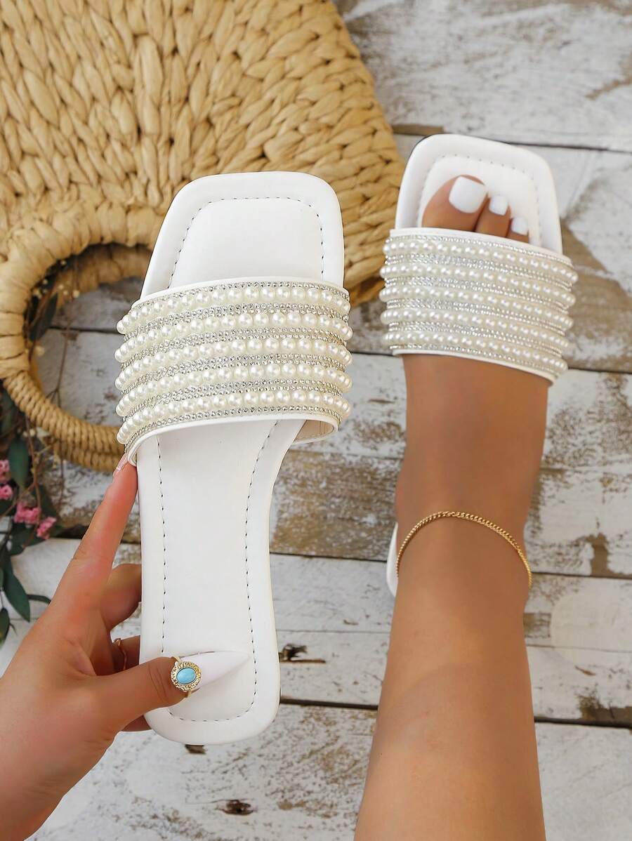 Dép Sandal Nữ Đính Ngọc Trai Và Đá Rhinestone Trang Trí - trắng - Xem 1