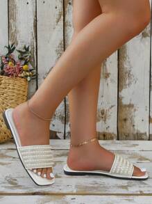 Dép Sandal Nữ Đính Ngọc Trai Và Đá Rhinestone Trang Trí - trắng - Xem 5