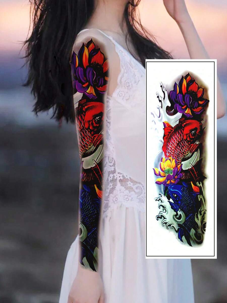 1 Tatuaje Temporal Grande Para Todo El Antebrazo Con Diseño De Pez Koi, Ondas De Agua Y Flores - Multicolor - Ver 1