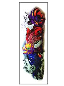 1 Tatuaje Temporal Grande Para Todo El Antebrazo Con Diseño De Pez Koi, Ondas De Agua Y Flores - Multicolor - Ver 2