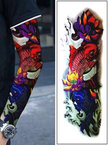 1 Tatuaje Temporal Grande Para Todo El Antebrazo Con Diseño De Pez Koi, Ondas De Agua Y Flores - Multicolor - Ver 4