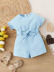 SHEIN 嬰兒褶邊腰帶連身短褲 - 淺藍色 - 查看 1
