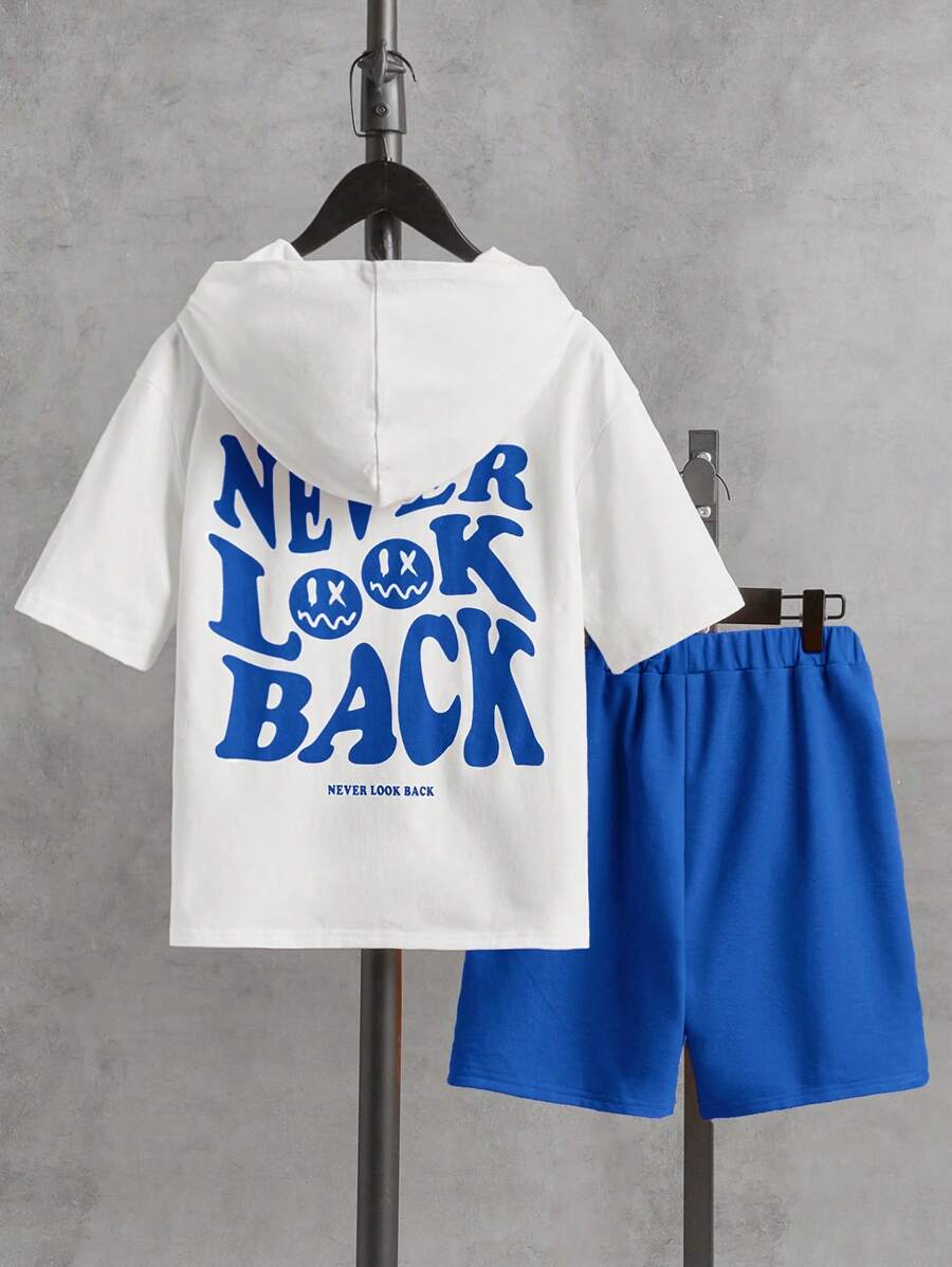 SHEIN 男孩標語和卡通圖案連帽T恤和短褲 - 藍白色 - 查看 1