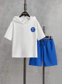 SHEIN 男孩標語和卡通圖案連帽T恤和短褲 - 藍白色 - 查看 2