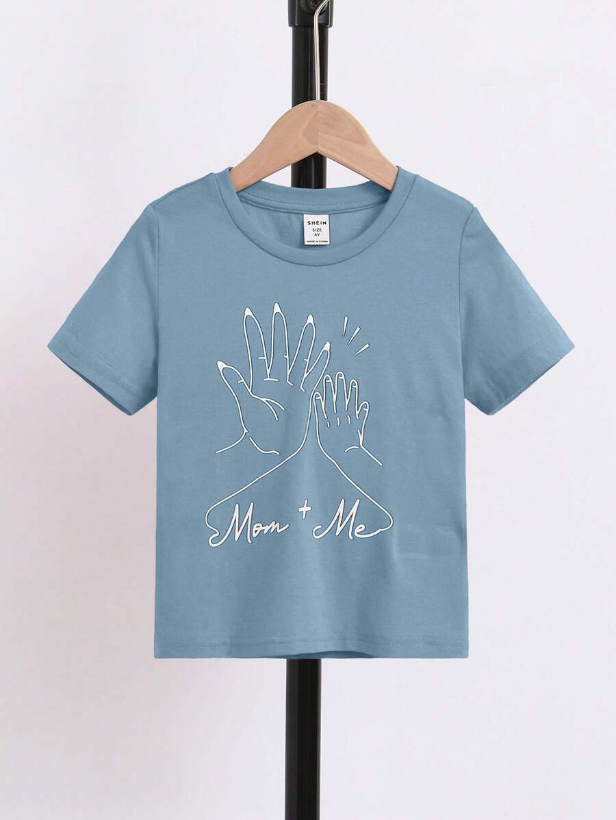 SHEIN 小男童字母和手掌圖案T恤 - 霧霾藍 - 查看 1
